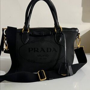 Prada Jacquard Black Satchel with Gold Accents with strap 2 way bag
